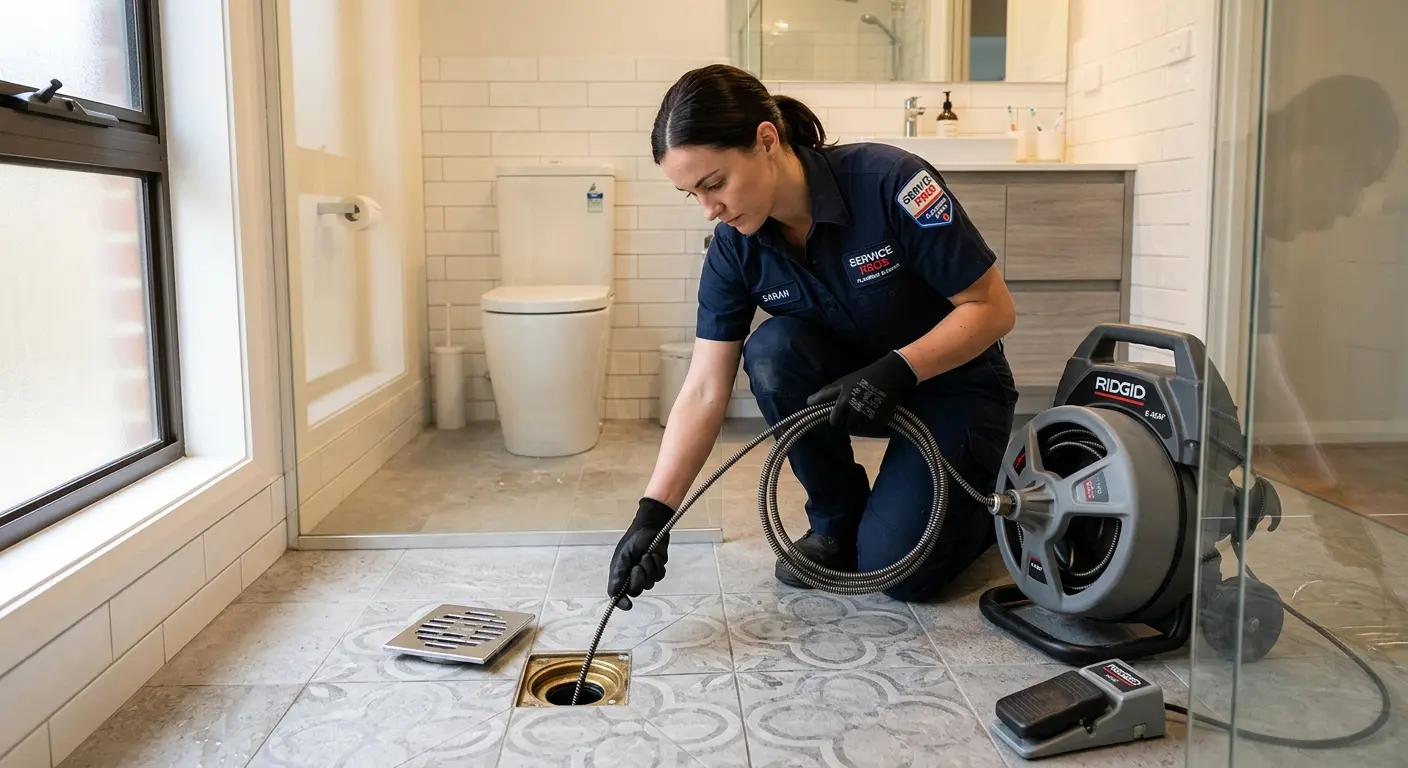 Technician clearing a bathroom floor drain for Sewer Line Replacement in Wickenburg
